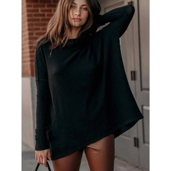 Free People Juicy Long Sleeve Black Ribbed Split Back Cowl Neck Top - M - Picture 3 of 16